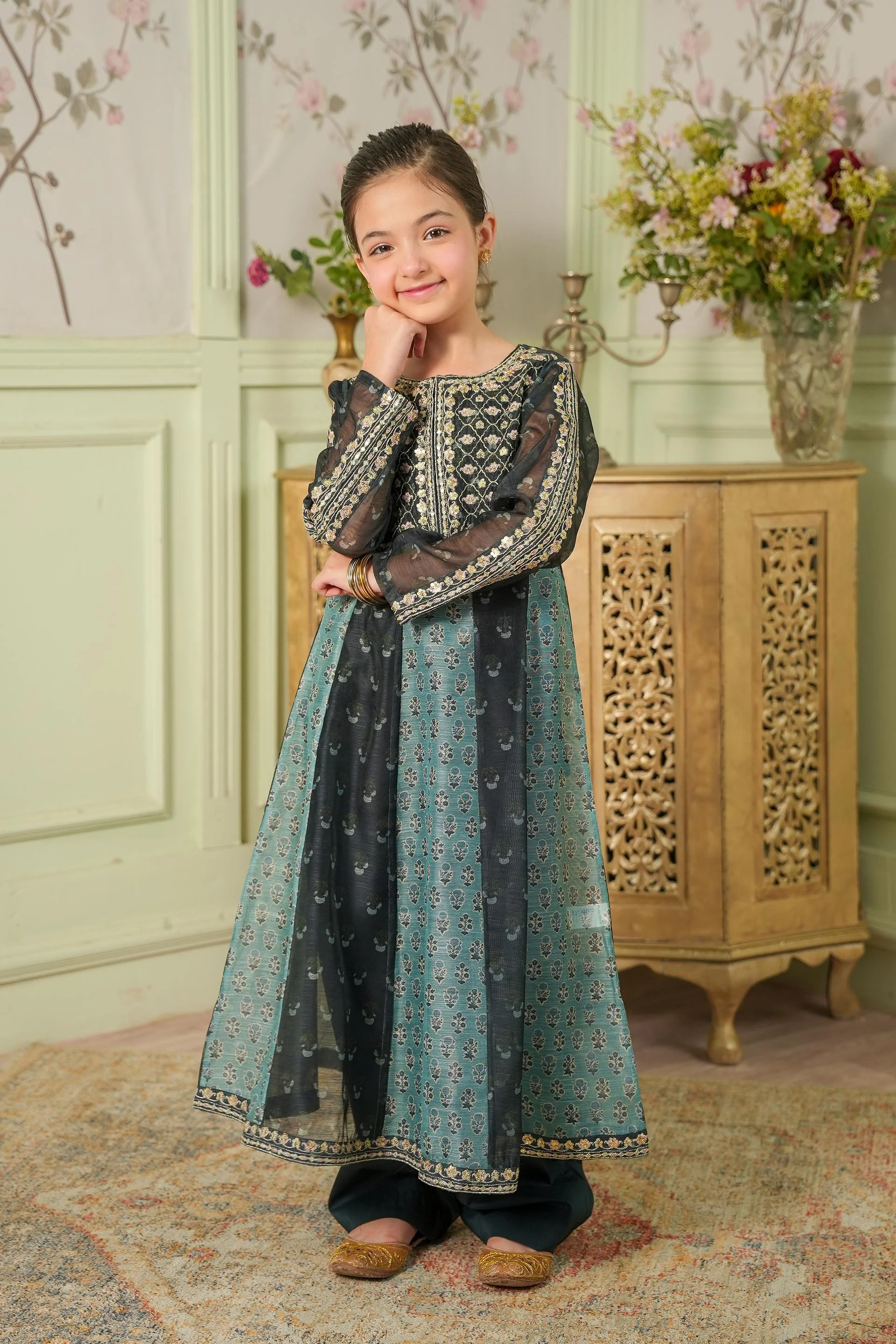 Embroidered Frock With Slip And Trousers (DGFS-58) - Image 2
