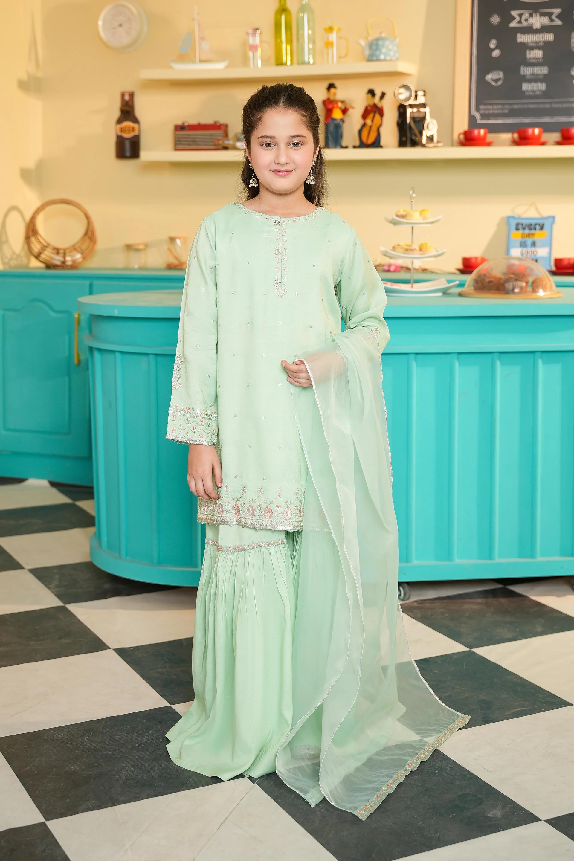 Embroidered Shirt With Gharara And Organza Embroidered Dupatta. (EFW-06)