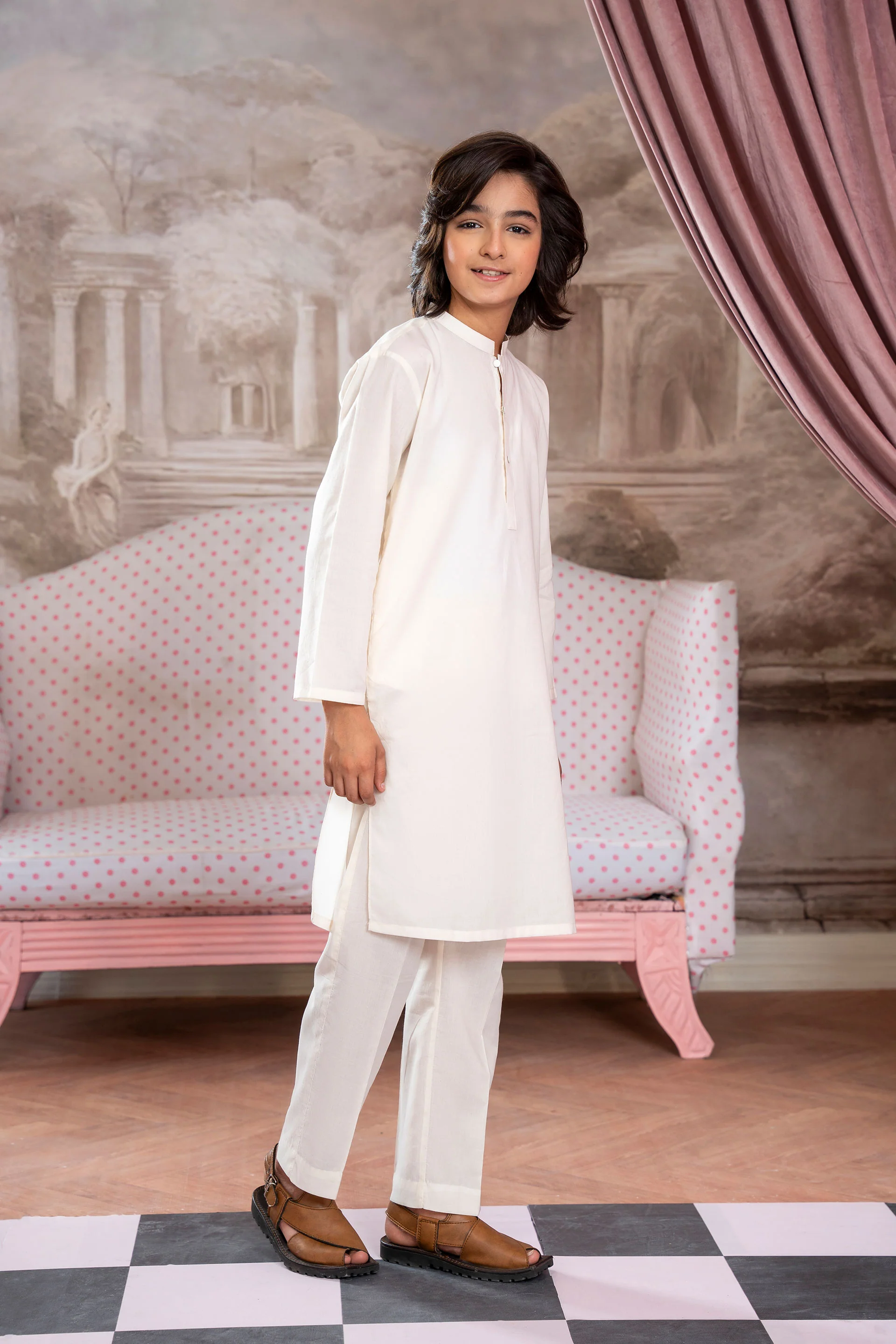 Boys Off-White Kurta Trousers Set (MSKZBS-05) - Image 3