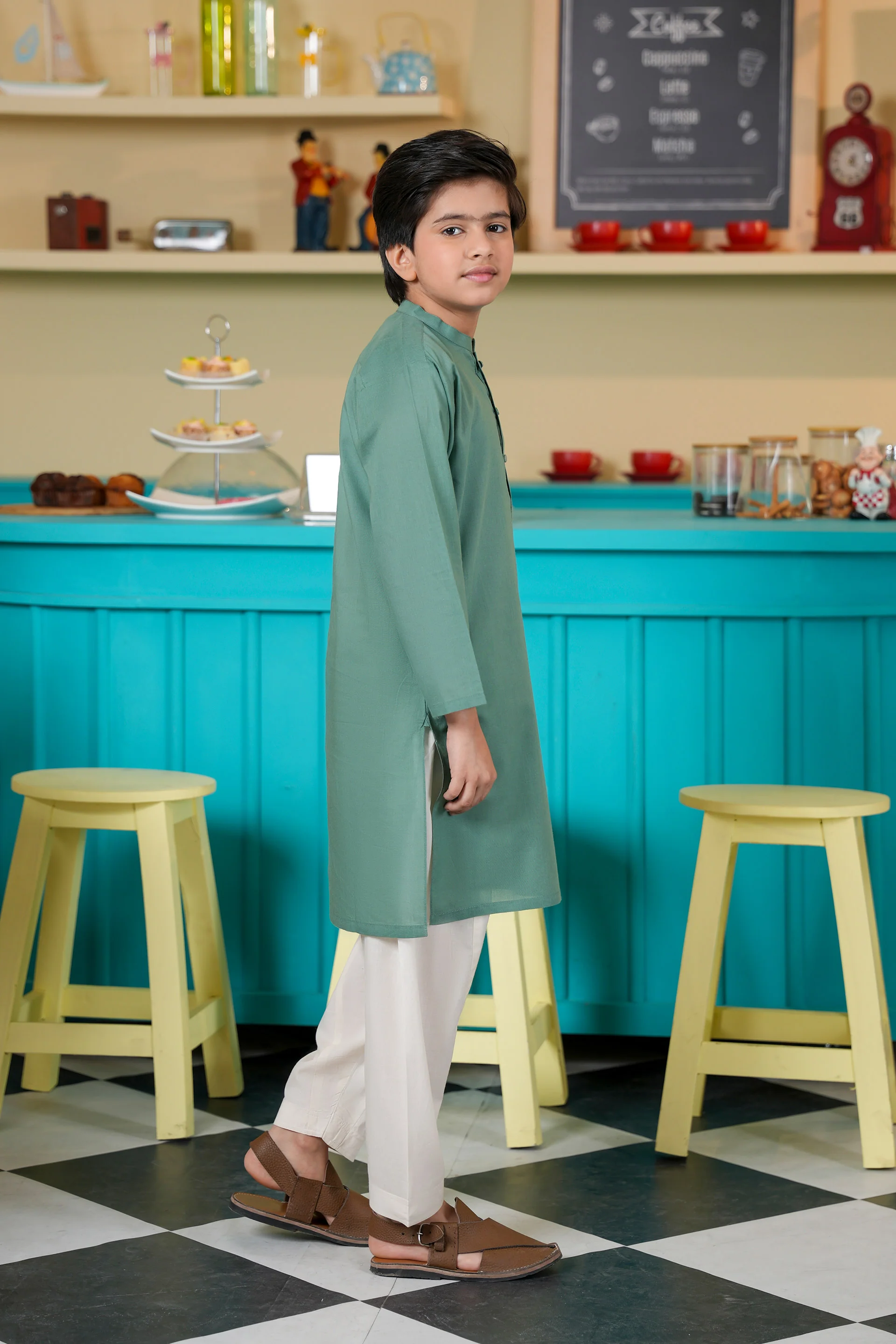 Boys Sage Green Basic Kurta (MSKZB-32) - Image 3