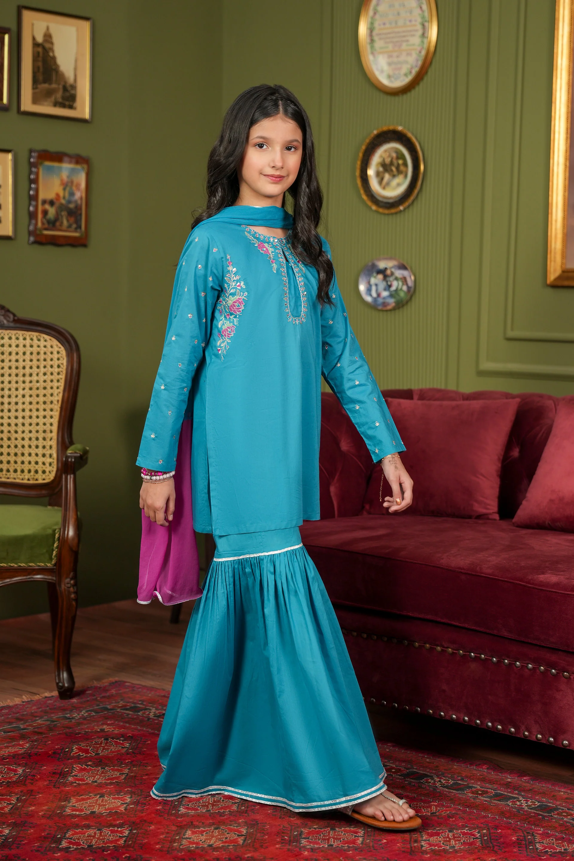 Embroidered Kameez Gharara & Dupatta (GSK-603) - Image 4