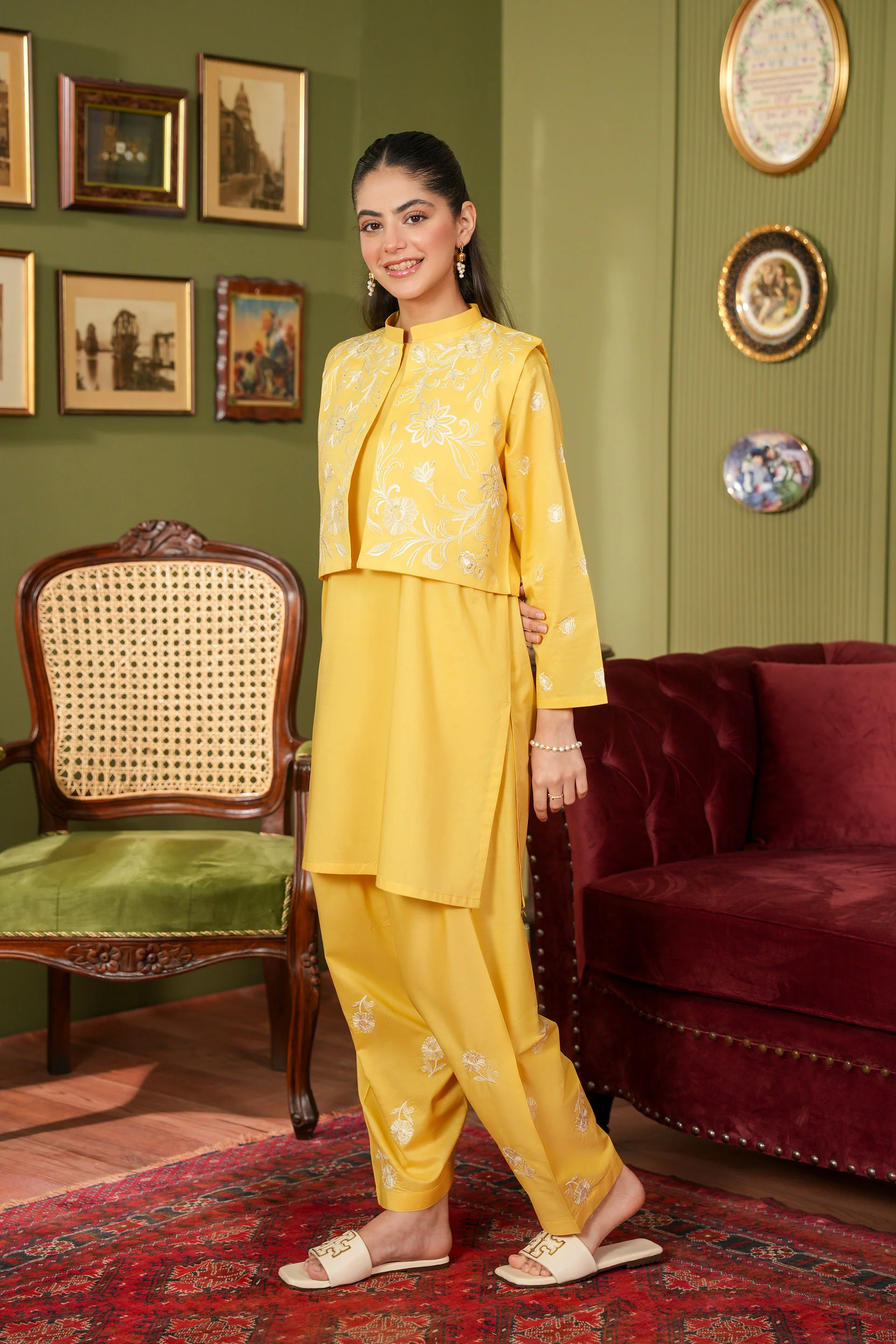 Embroidered Waist Coat With Kameez And Embroidered Shalwar (SSEGKS-26) - Image 3